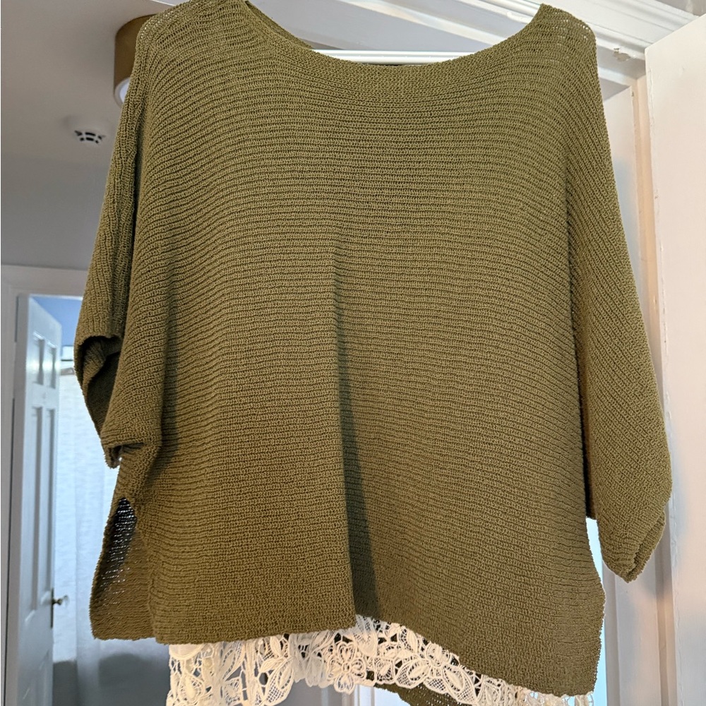 Zara Olive Green Knit Scoop Neck Top with Lace Trim